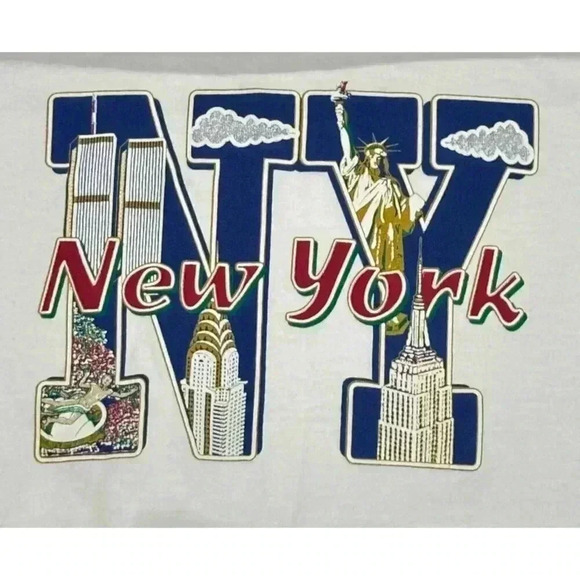 Vintage 90s New York Graphic Tee XL White Cotton Anvil Tourist NY Twin Towers - Picture 2 of 4